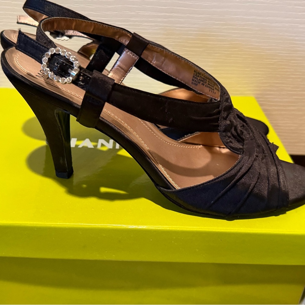 Mootsies Tootsies Black Satin Slingback Heels with Rhinestone Buckle